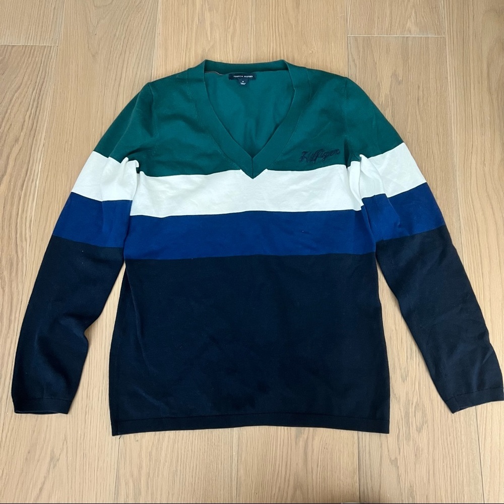 Tommy Hilfiger v neck color block blue green white sweater medium cotton